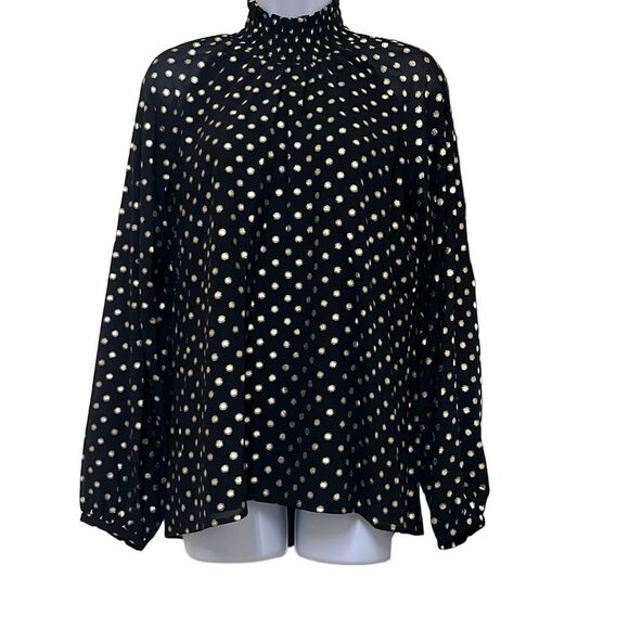 Yumi Kim Black Gold Polka Dot Lexington Top High Ruched Neck Long Sleeve Office - Picture 1 of 11